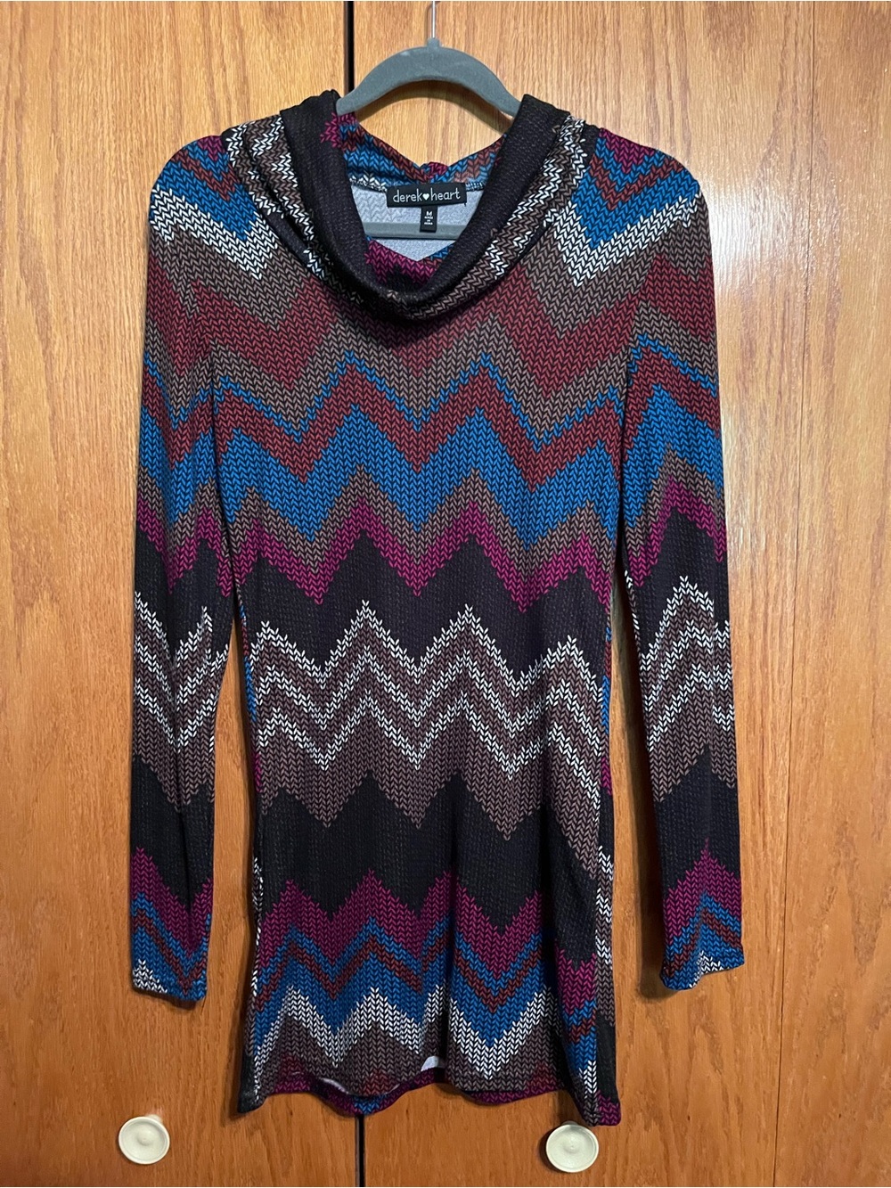 Derek Heart Black Chevron Cowl Neck Sweater with Blue & Purple Accents